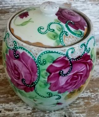 Tea Caddy Canister Jar Ginger Moriage Hand Painted Red Rose Flower Gold Trim5.  5 "