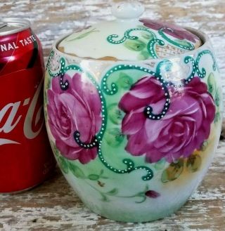 Tea Caddy Canister Jar Ginger Moriage Hand Painted Red Rose Flower Gold Trim5.  5 