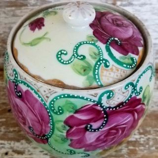 Tea Caddy Canister Jar Ginger Moriage Hand Painted Red Rose Flower Gold Trim5.  5 