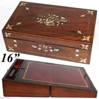 Exq Antique Victorian 16 " Campaign Writing Box,  Lap Desk,  Mother Of Pearl Inlay