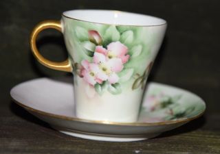 Rosenthal Hand Painted Pink Roses Demi Tea Cup & Saucer Gold Gilt Vintage German