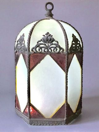 Antique Victorian Slag Leaded Stained Glass Lantern Lamp Shade / Ruby Cranberry