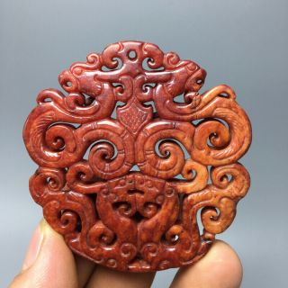 54g Chinese Old Natural Red Jade Hand - Carved Statue Dragon And Phoenix Pendant 3
