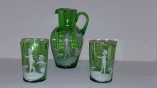 Antique Green Glass Mary Gregory Hand Painted Enameled Pitcher,  2 Tumblers