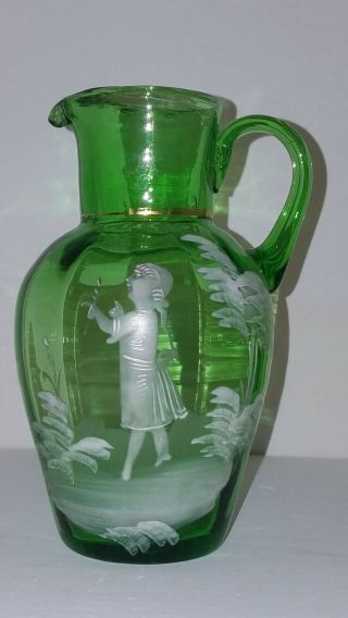 ANTIQUE Green Glass Mary Gregory Hand Painted Enameled Pitcher,  2 TUMBLERS 2