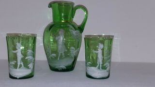 ANTIQUE Green Glass Mary Gregory Hand Painted Enameled Pitcher,  2 TUMBLERS 7