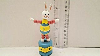 Vtg Easter Bunny Rabbit Thumb Wooden Puppet Push Button Collapsible Toy