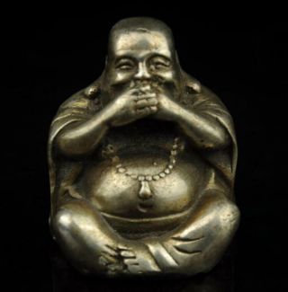 Old Chinese Carved Speak No Evil Buddha Copper Plating Silver Buddha Statue A01