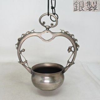F601: Japanese Metal Ware Hanging Vase As Incense Burner With Stamp Of Silver