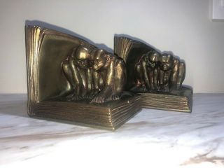 Jennings Brothers Antique Solid - Bronze Bookends " Monkeys In A Book ",  Circa 1926