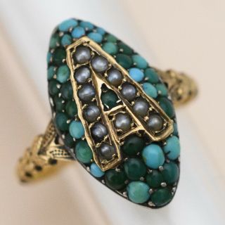 Antique Victorian 14k Gold Monogram Signet Turquoise Cluster Seed Pearl Ring