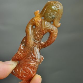 Chinese ancient old hard jade hand - carved pendant necklace Taxi dancer M16 3