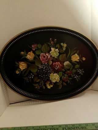 Vintage Large Hand Painted Artist Signed Tole Tray Nashco Turned Edge Toleware