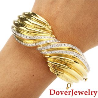 Estate 4.  00ct Diamond 18k Yellow Gold Twisted Cuff Bangle Bracelet 92.  8 Grams Nr