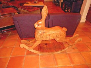 Antique English Hand Carved Wooden Rocking Rabbit 52 " Glass Eyes Saddle