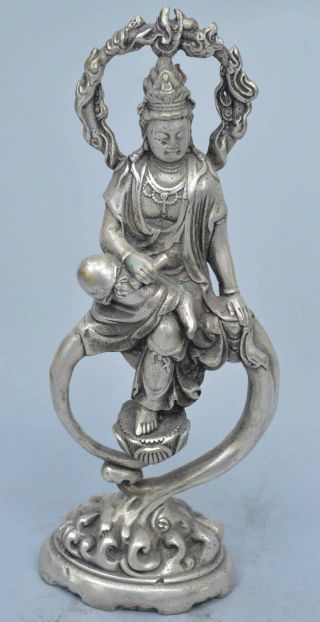 Old Collectable Exorcism Handwork Miao Silver Carve Meditate Buddha Pray Statue
