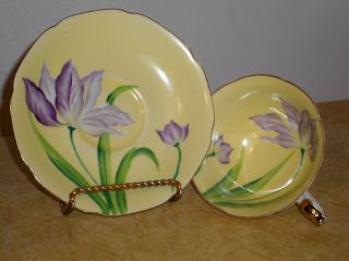 Occupied Japan Yellow Tea Cup And Saucer Purple Iris Flower