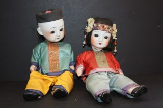 Vintage Japanese Boy & Girl Silk Outfits Bisque Heads Composition Jointed Bodies