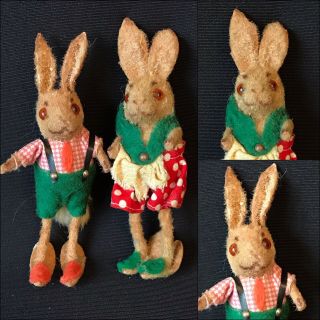 3 - 1/2” Vintage Handmade Flocked Boy & Girl Rabbits,  Kunstlerschultz,  W.  Germany