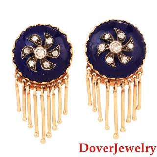 Vintage Diamond Lapis Lazuli 14k Gold Silver Floral Earrings 17.  3 Grams Nr
