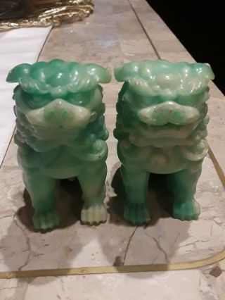 Vintage Small Hand Carved White Green Stone Figurine Of Foo Dog