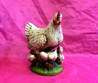 Antique Porcelain Colorful Hand Painted Chicken & Baby Chickens Figurine - L@@k
