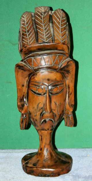 Vintage Wooden Hand - Carved Large Native Indian Head Theme Sculpture