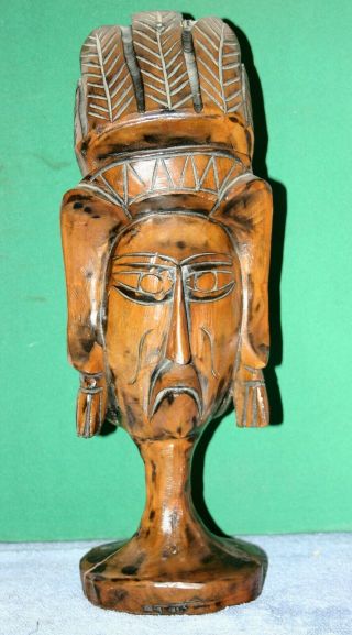 Vintage Wooden Hand - Carved Large Native Indian Head Theme Sculpture 4