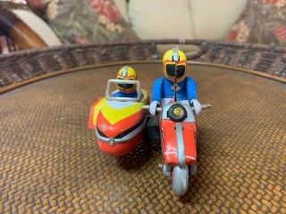 Vintage Wind Up Tin Toy Motorcycle With Sidecar And Key