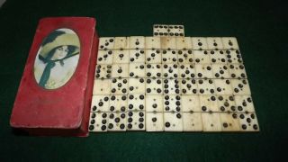 28 Antique Civil War Era Bone & Ebony Domino Set With 3 Brass Pin With Vtg Box