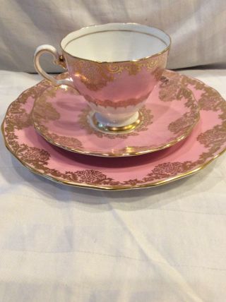 Vintage Grosvenor Bone China England Pink & Gold Trio Tea Cup,  Saucer,  & Plate Set