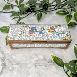 Vintage Chinese White Floral Brass & Blue Enamel Cloisonne Trinket Box 4.  5 "