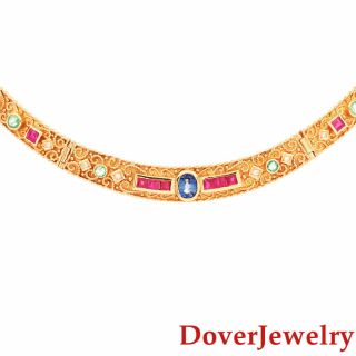 Estate Diamond Ruby Sapphire Emerald 18k Gold Filigree Necklace 37.  1 Grams Nr