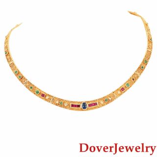 Estate Diamond Ruby Sapphire Emerald 18K Gold Filigree Necklace 37.  1 Grams NR 2
