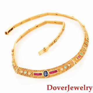 Estate Diamond Ruby Sapphire Emerald 18K Gold Filigree Necklace 37.  1 Grams NR 3