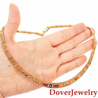 Estate Diamond Ruby Sapphire Emerald 18K Gold Filigree Necklace 37.  1 Grams NR 5