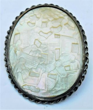 C1920 Chinese Carved Mother Of Pearl Brooch Vintage Antique Mop