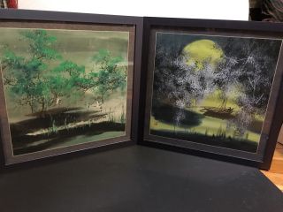Japanese Woodblock Prints Set Of 2 Signed Landscape Trees