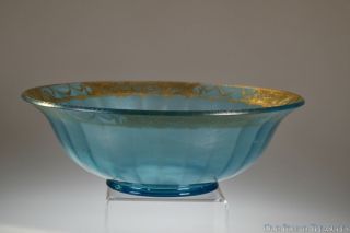 C.  1920’s No.  663 By Northwood Blue Stretch Glass Flared Bowl W/rays & Gold Gilt