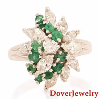 Estate Diamond Emerald 14k White Gold Floral Cluster Ring 5.  7 Grams Nr