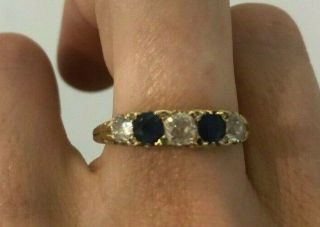 Antique Vintage Sapphire And Diamond Carved Half Hoop Ring,  18 Carat Yellow Gold