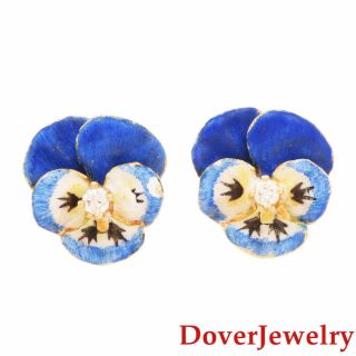 Estate Diamond Enamel 14k Yellow Gold Flower Stud Earrings Nr