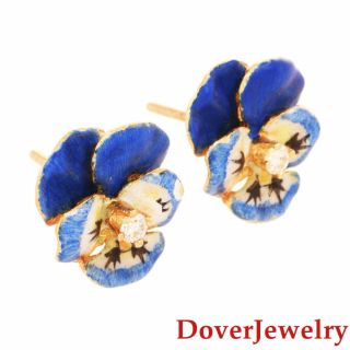Estate Diamond Enamel 14K Yellow Gold Flower Stud Earrings NR 2