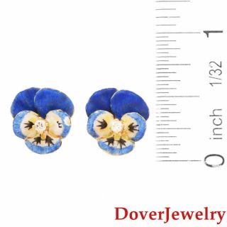 Estate Diamond Enamel 14K Yellow Gold Flower Stud Earrings NR 4