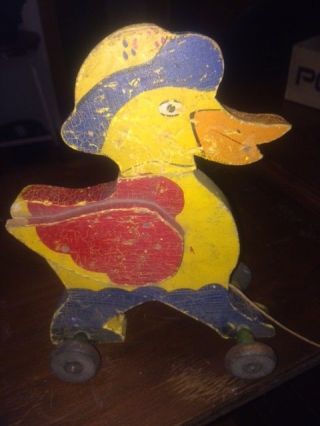 Antique Painted Wood Duck Or Chicken Pull Toy - Missing One Wheel