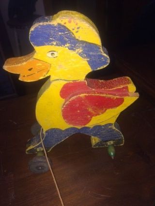 Antique Painted Wood Duck or Chicken Pull Toy - missing one wheel 2