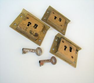 Set Of 3 Brass Cut Cabinet Drawer Locks With Common Key 2 3/4 " X 2 " X 9/16 "