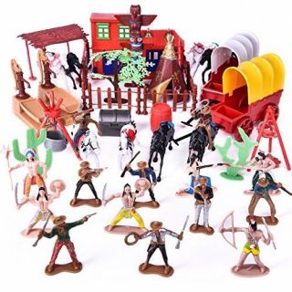 Wild West Cowboys And Indians Toy Plastic Figures 60 Pc