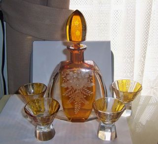 Antique Bohemian Amber To Clear Cut Glass Cordial Decanter Set Flower Leaf