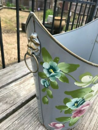 Vtg Painted Floral Tole Metal Trash Can Waste Basket LION HANDLES Antique Blue 3